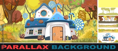 Candy hut in thickets of wild forest. Set parallax effect. Sweet caramel fairy house. Autumn cute landscape. Illustration in cartoon style flat design. Picture for children. Vector