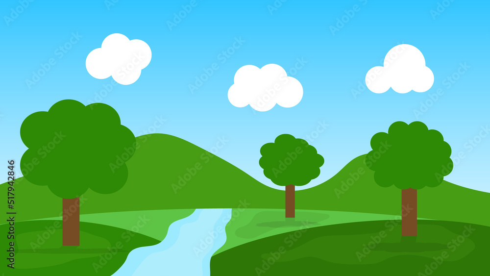 landscape cartoon scene. green trees on hills with blue river and white fluffy cloud in summer blue sky background