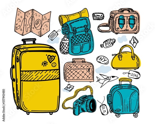 Set of different types of luggage, hand-drawn in sketch style. Vector illustration. Large and small suitcase, backpack, small bag, hand luggage, valise, tags. Map. Camera. Airplane. Sketch.