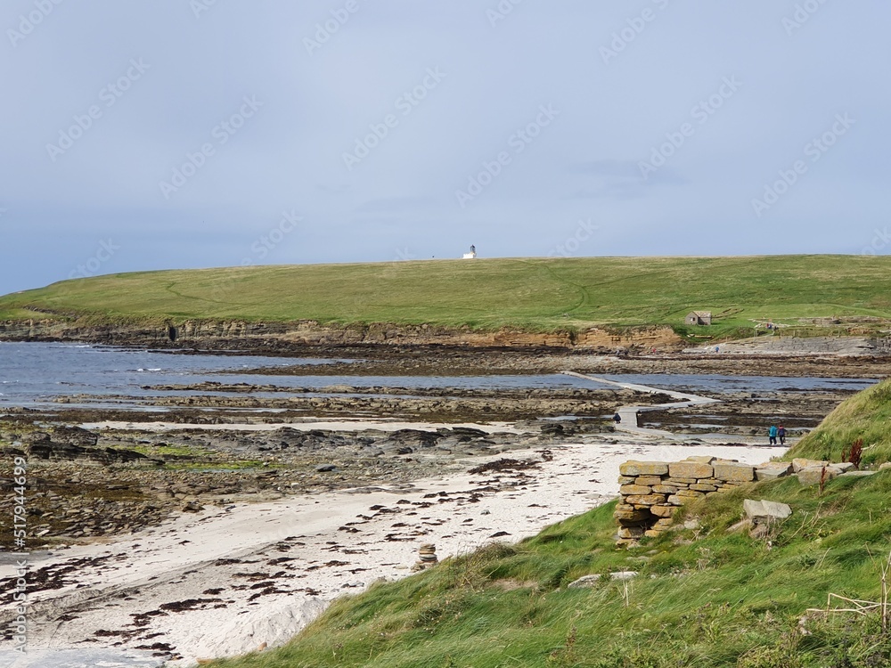 View of the Brough of Birsay, on uninhabeted tidal island, middle right the causeway over the Birsay Sound, Isle Mainland, Orkney Islands, Scotland, United Kingdom