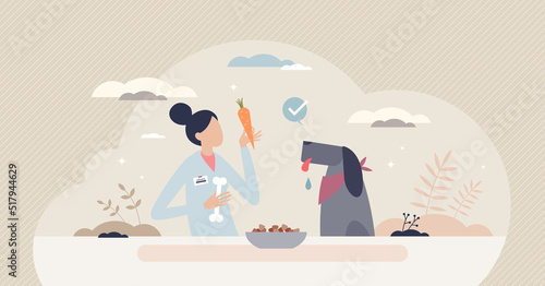 Pet nutritionist as animal food control specialist tiny person concept. Pet nutrition and supplement professional care for balanced diet and weight loss vector illustration. Dog veterinarian help.