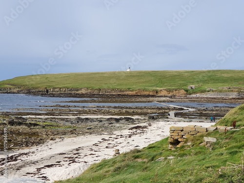 View of the Brough of Birsay, on uninhabeted tidal island, middle right the causeway over the Birsay Sound, Isle Mainland, Orkney Islands, Scotland, United Kingdom