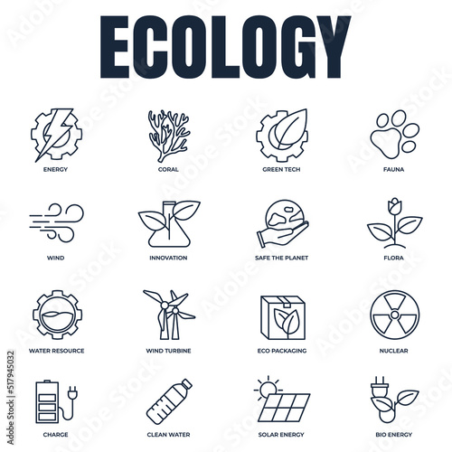 Set of Environmental ecology icon logo vector illustration. Eco friendly pack. solar energy, wind turbine, nuclear, water resource and etc symbol template for graphic and web design collection