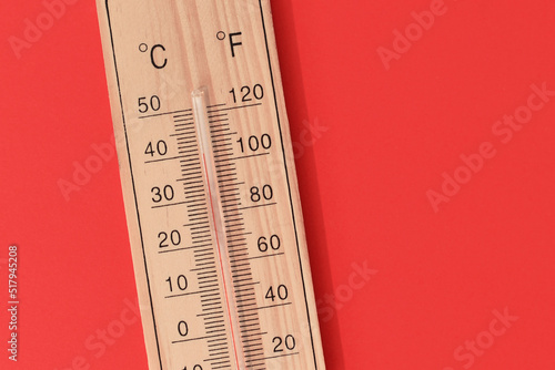 Thermometer showing 40 degrees Celsius or 104 degrees Fahrenheit during summer heat wave