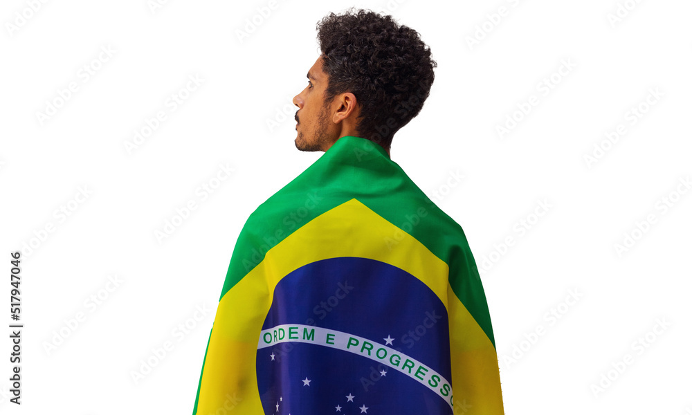 September seven, Brazil Independence Day. Black man holds Brazilian flag isolated. - obrazy, fototapety, plakaty 