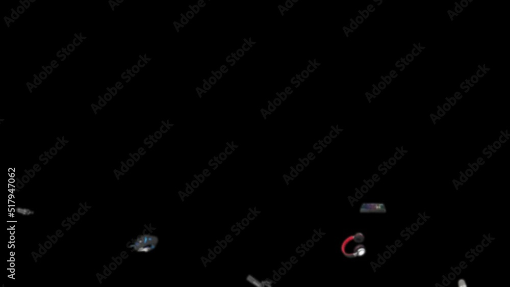 4K 60 fps animation of e-commerce products falling from top to bottom. Mouse, keyboard, headset, microphone, gaming set, computer products, speaker, tech, pc, games 4K 60 fps animation of e-commerce products falling from top to bottom. Mouse, keyboard, headset, microphone, gaming set, computer products, speaker, tech, pc, games