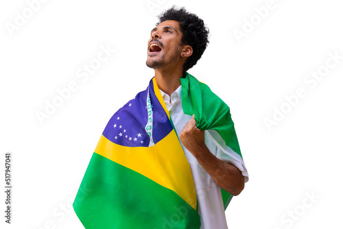 September seven, Brazil Independence Day. Black man holds Brazilian flag isolated. photo