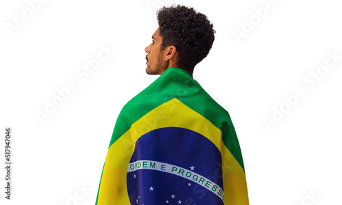 September seven, Brazil Independence Day. Black man holds Brazilian flag isolated.