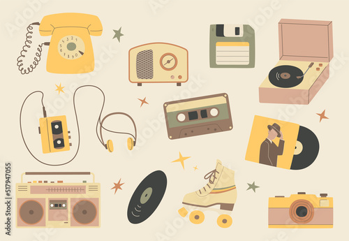 Set of retro objects: musical equipment, roller skates, floppy disk and others.