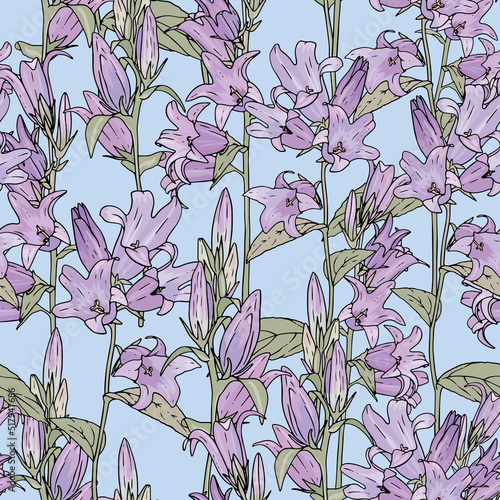 Botanical pattern with lilac bluebell. Floral seamless print with stem harebell. Vintage pattern with flowers on blue background