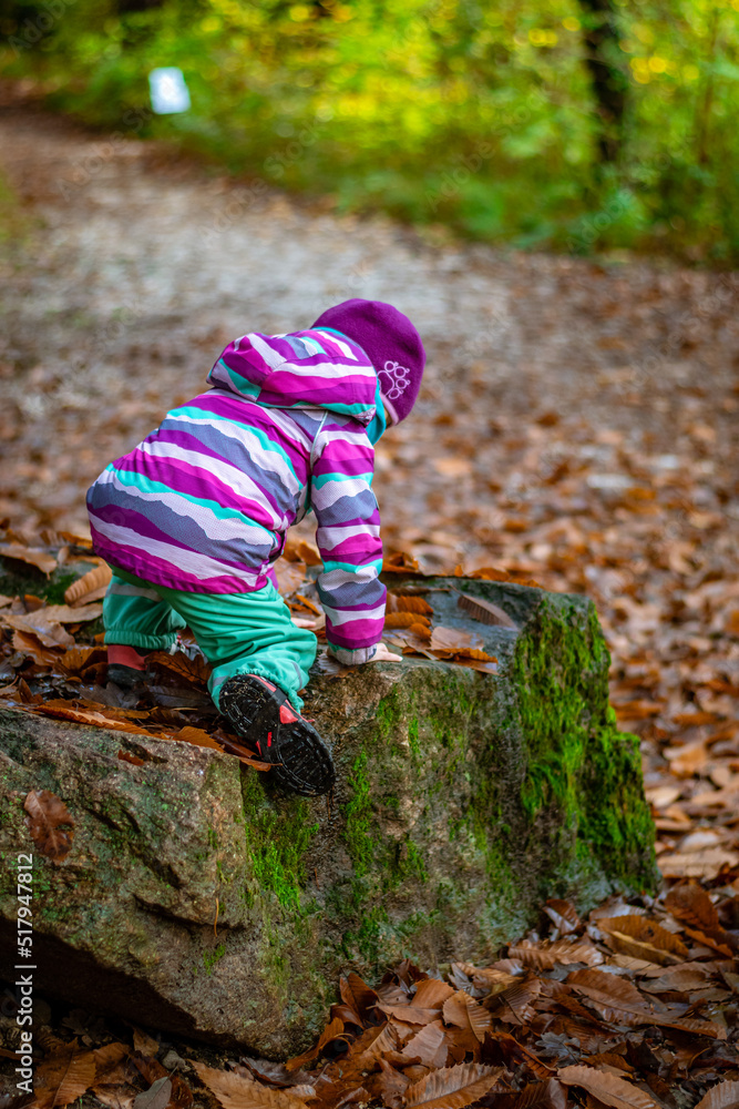 Kind klettert auf Felsen im Herbst