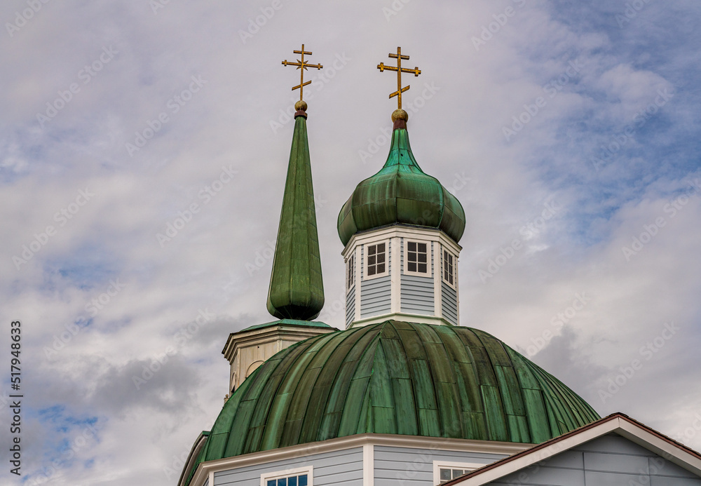 Green roof structure and exterior of the restored Orthodox cathedral in Sitka in Alaska Green roof structure and exterior of the restored Orthodox cathedral in Sitka in Alaska