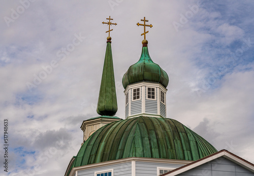 Green roof structure and exterior of the restored Orthodox cathedral in Sitka in Alaska photo