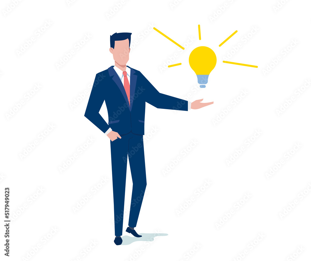 Vector business illustration of business man and yellow light bulb on white color background. Flat style design of man create idea