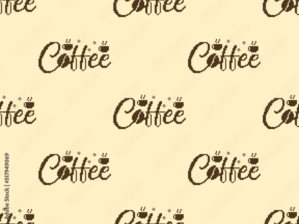 Coffee cartoon character seamless pattern on yellow background. Pixel style