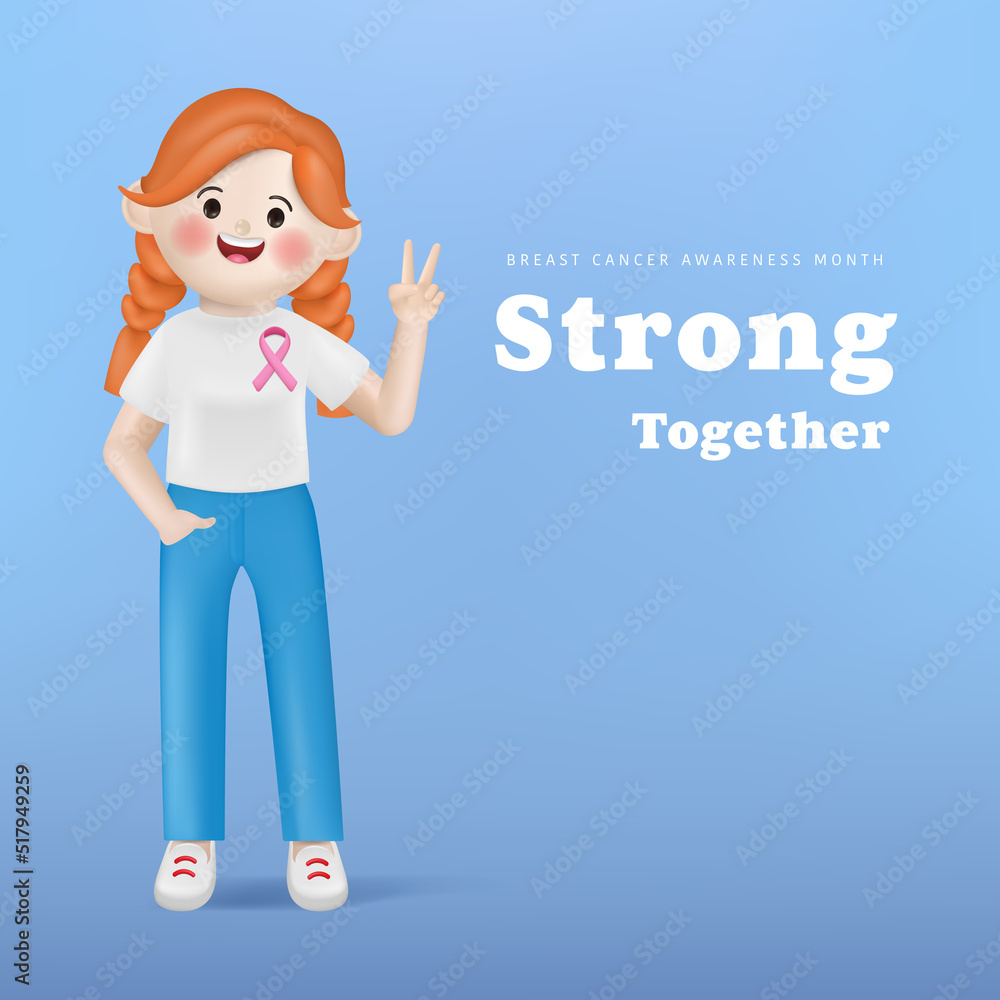 3d illustration cartoon cute women character presenting a pink ribbon in the breast cancer awareness month. Strong and fight together campaign. 3d illustration cartoon cute women character presenting a pink ribbon in the breast cancer awareness month. Strong and fight together campaign.