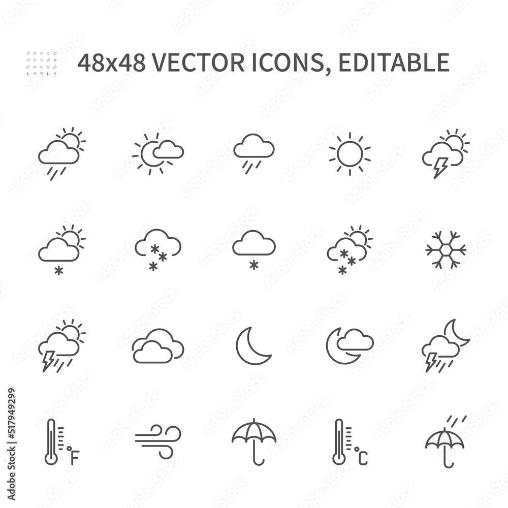 Icons on the theme of the weather. Thunderstorm, rain, clouds, weather icons, weather forecast and more. Icons on the theme of the weather. Thunderstorm, rain, clouds, weather icons, weather forecast and more.