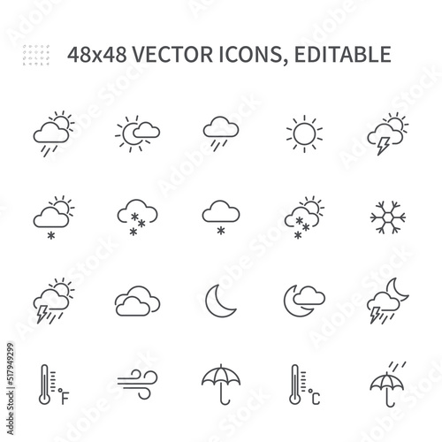 Icons on the theme of the weather. Thunderstorm, rain, clouds, weather icons, weather forecast and more.