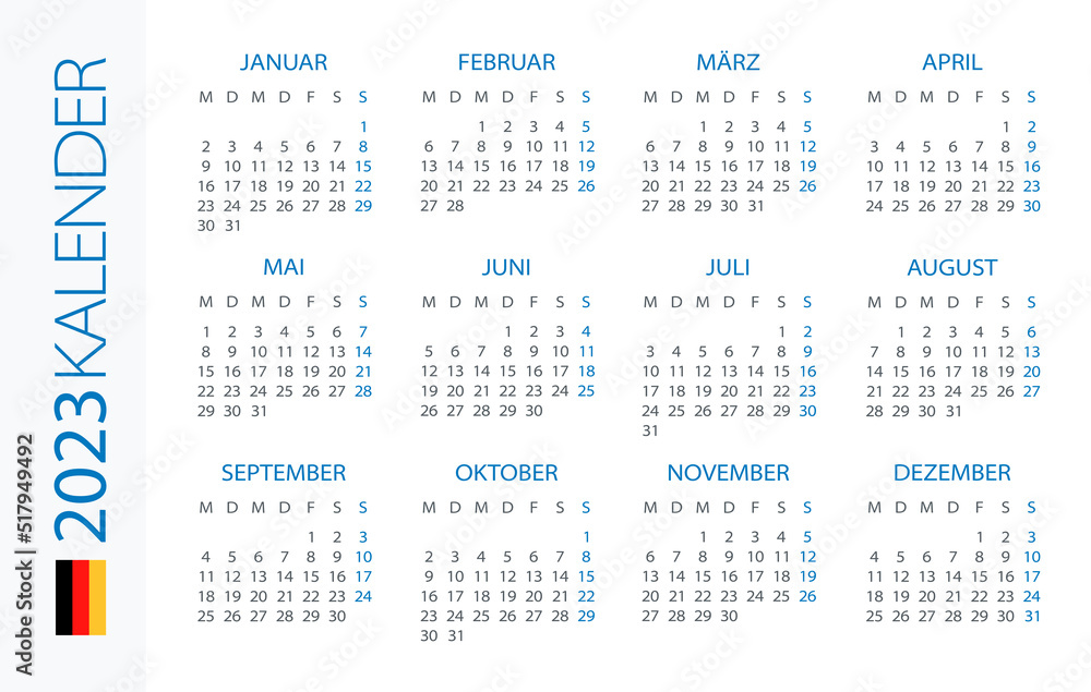 Calendar 2023 year Horizontal - vector template illustration. Gerrman version