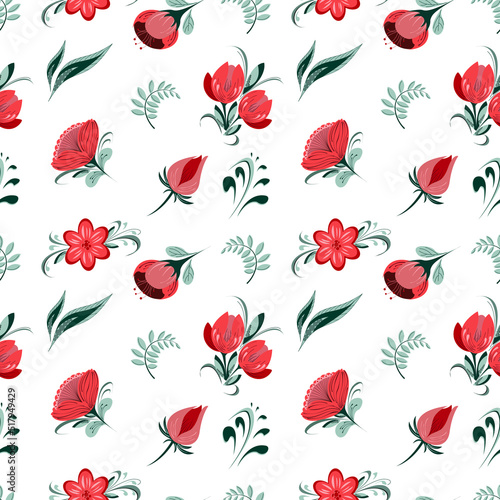 Vector floral seamless pattern with red flowers and green leaves and stems on white background for print  gift wrapping paper  stickers  textile print 