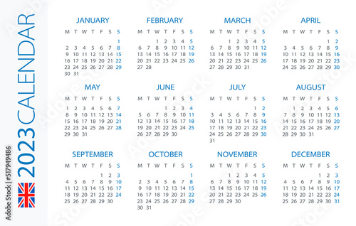 Calendar 2023 year Horizontal - vector template illustration. English version. Week starts on Monday