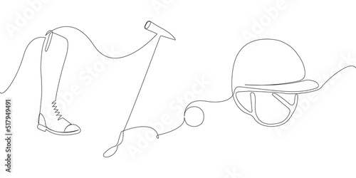 Horse polo set with hammer mallet, ball, helmet and equestrian boots one line art. Continuous line drawing horseback riding, sport, paddock, horse, stick, rider, horseman, activity, athlete, training