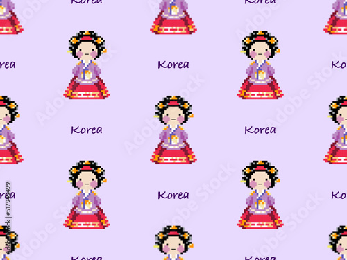 Hanbok cartoon character seamless pattern on purple background. Pixel style