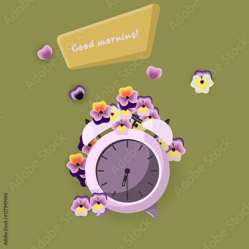 Alarm clock with textbook and speech bubble. Time to wake up, wake up early, morning, wake up early concept. Time to go to school, time to study. Vector illustration.