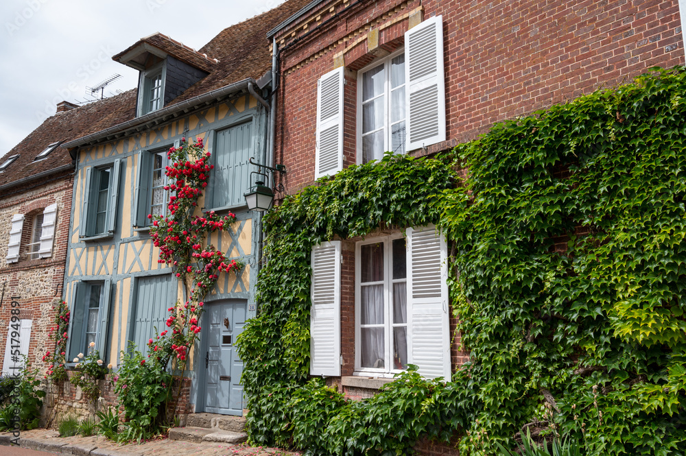 One of most beautiful french villages, Gerberoy - small historical village with half-timbered houses and colorful roses flowers, France