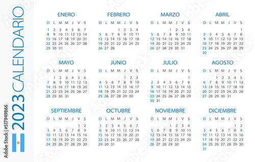 Calendar 2023 year Horizontal - vector template illustration. Argentinian version