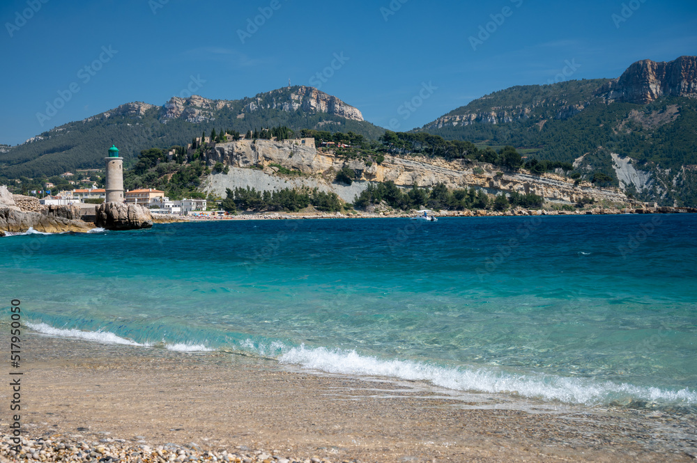 Panoramic view on cliffs, blue sea on Plage du Bestouan beach in Cassis, Provence, France