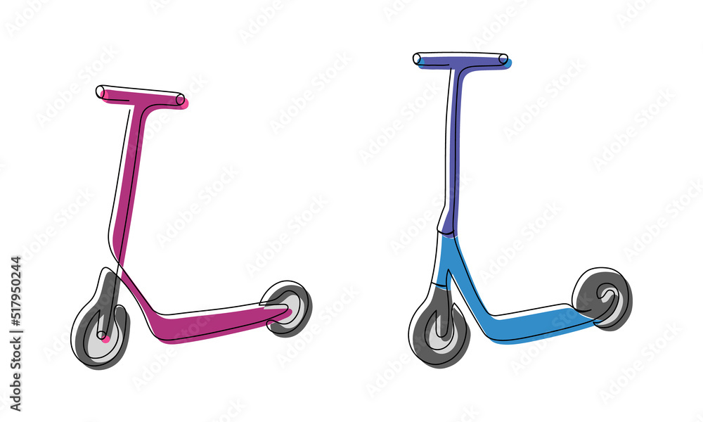 Kick scooters colored one line art. Continuous line drawing of sport, transportation, speed, electric, roller, hobby, mobile, teenager, hipster, activity, equipment urban, color. Kick scooters colored one line art. Continuous line drawing of sport, transportation, speed, electric, roller, hobby, mobile, teenager, hipster, activity, equipment urban, color.