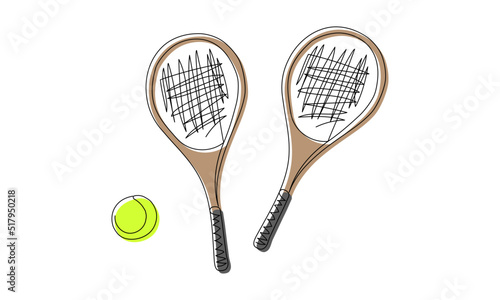 Tennis colored set with racket and ball one line art. Continuous line drawing tennis, string, sport, fitness, sports, club, game, training, leisure, equipment, professional championship play, color.