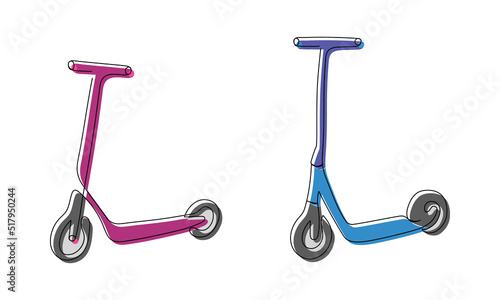 Kick scooters colored one line art. Continuous line drawing of sport, transportation, speed, electric, roller, hobby, mobile, teenager, hipster, activity, equipment urban, color.
