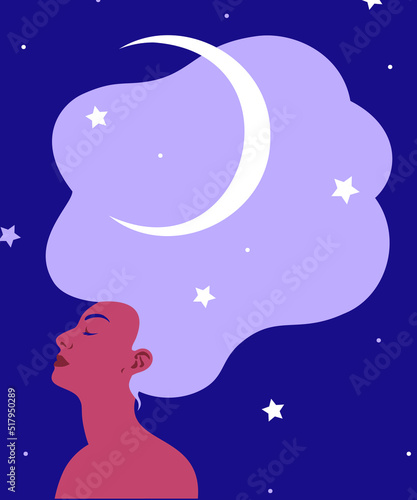 Proud woman closes her eyes and relaxes under a sky full of stars, with the moon, enjoying life. Vector illustration, concept for happiness, psychological well-being, dream, dreaming, sleeping.