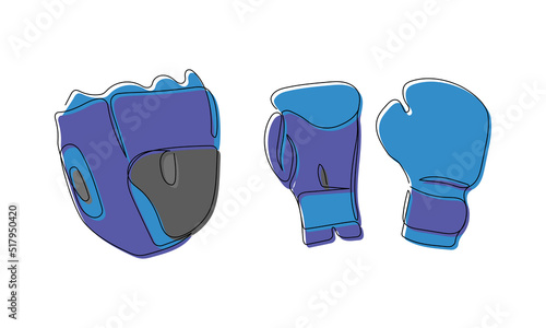 Boxing colored set with gloves and helmet one line art. Continuous line drawing MMA gloves, shingard, mixed martial arts, sport, sports, activity, struggle, fight, athlete, strength, training, color.