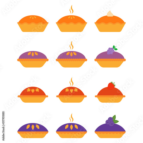 Pie icon set. Pie of different types isolated on white background. Colored pie with pumpkin, strawberry, blueberry, blackberry. Logo for menu cafeteria, website. Vector illustration in flat design