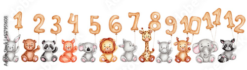 Foto Set with animals and balloons numbers; watercolor hand drawn illustration; with