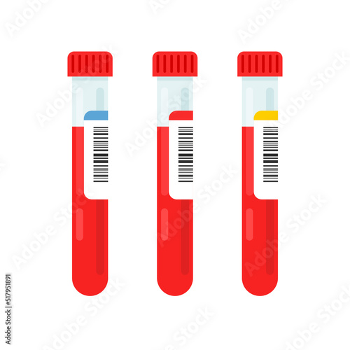 Set of medical test tube with blood and barcode. Mesotherapy. Bloody components. Vector illustration isolated on white background.	