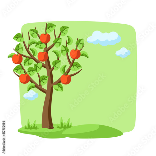 Summer tree with apples and leaves. Seasonal illustration.