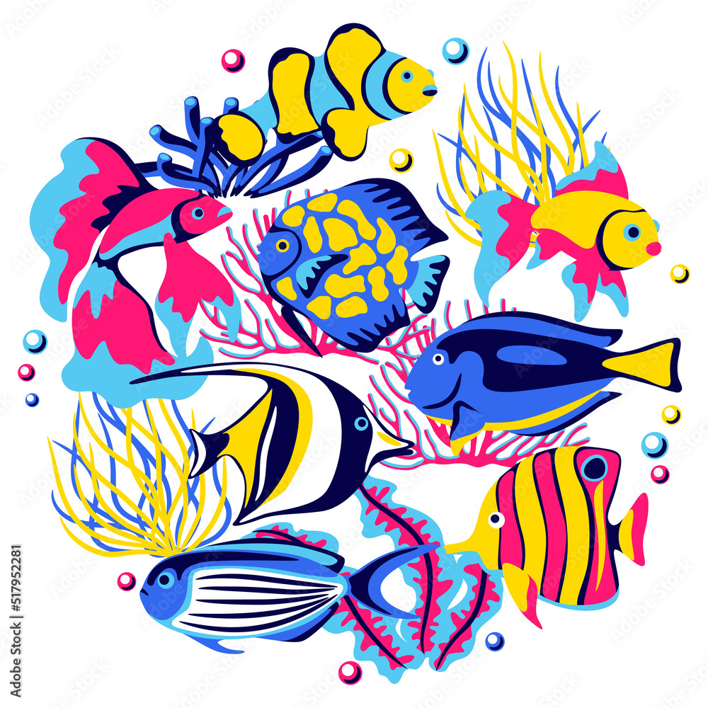 Obraz premium Background with tropical fishes. Marine life aquarium and sea animals.