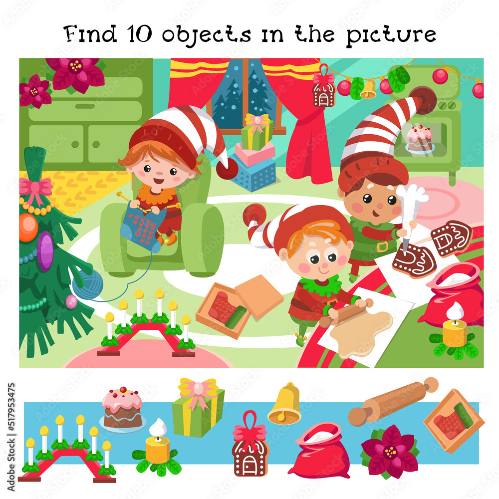 Find 10 hidden objects. Educational game for children. Cute gnomes prepare christmas cookies, cake, knit sock, character in cartoon style. Vector color illustration. Find 10 hidden objects. Educational game for children. Cute gnomes prepare christmas cookies, cake, knit sock, character in cartoon style. Vector color illustration.