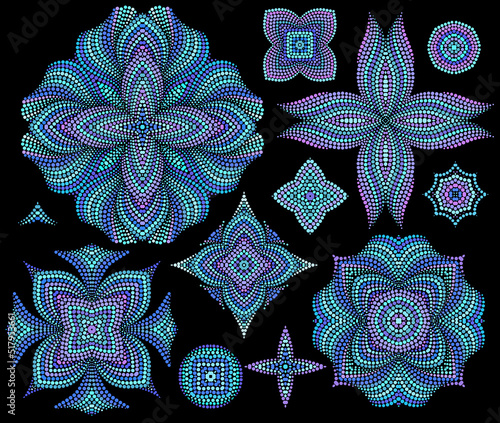 Bright bohemian ethnic cliche with dots and oriental elements. Vector set of various ornaments, deco template. Fashion trendy print for needlework, beading, gift, design, for women's clothing.