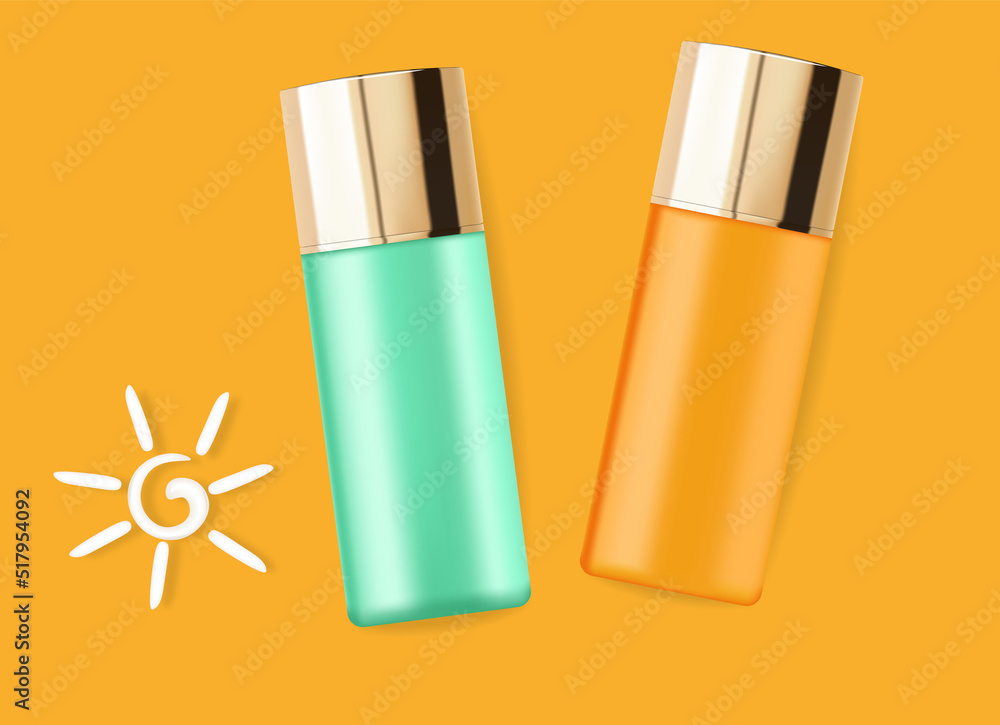Realistic sun cream lotion bottle, cosmetics set collection, tropical background, gold design package, cosmetics set packaging mockup, 3d summer tropical scene Realistic sun cream lotion bottle, cosmetics set collection, tropical background, gold design package, cosmetics set packaging mockup, 3d summer tropical scene