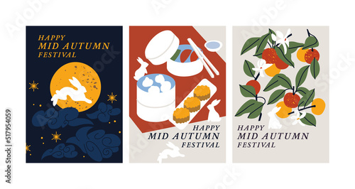 Vector set of backgrounds or posters for Mid Autumn Festival or Mooncake Festival with illustration rabbits and paper lanterns and decoration.