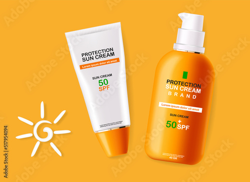 Realistic sun cream lotion bottle, cosmetics set collection, tropical background, gold design package, cosmetics set packaging mockup, 3d summer tropical scene 