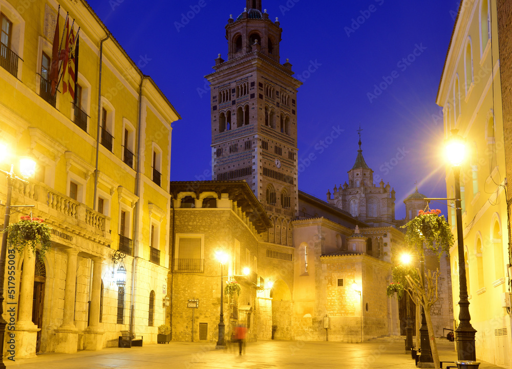 Sunset at the Cathedral of Santa María de Mediavilla and the Mudejar tower of the Cathedral, Teruel, Aragon, Spain