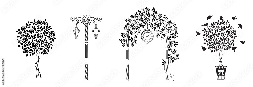 Set of differents flower arch on white background. - obrazy, fototapety, plakaty 