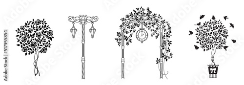 Set of differents flower arch on white background.