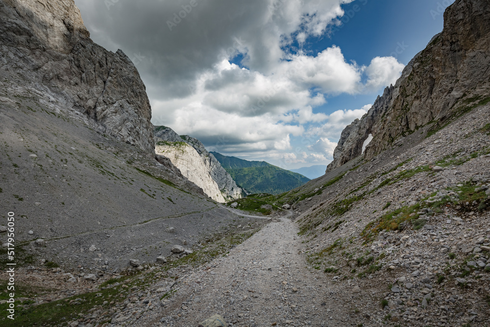 Between Italy and Austria: mountain hiking Trail Road near Volaia Lake Raunchkofer Mountain (Lago di Volaia Monte). Between Italy and Austria: mountain hiking Trail Road near Volaia Lake Raunchkofer Mountain (Lago di Volaia Monte).